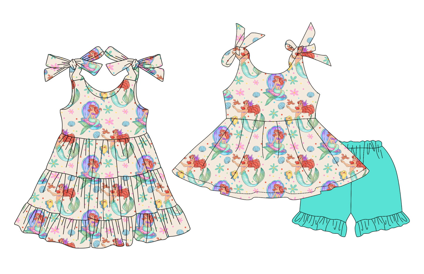 3.29(Custom Design Preorder MOQ 5 Each Design) Cartoon Mermaid Fish Print Girls Summer Matching Clothes Sisters Wear