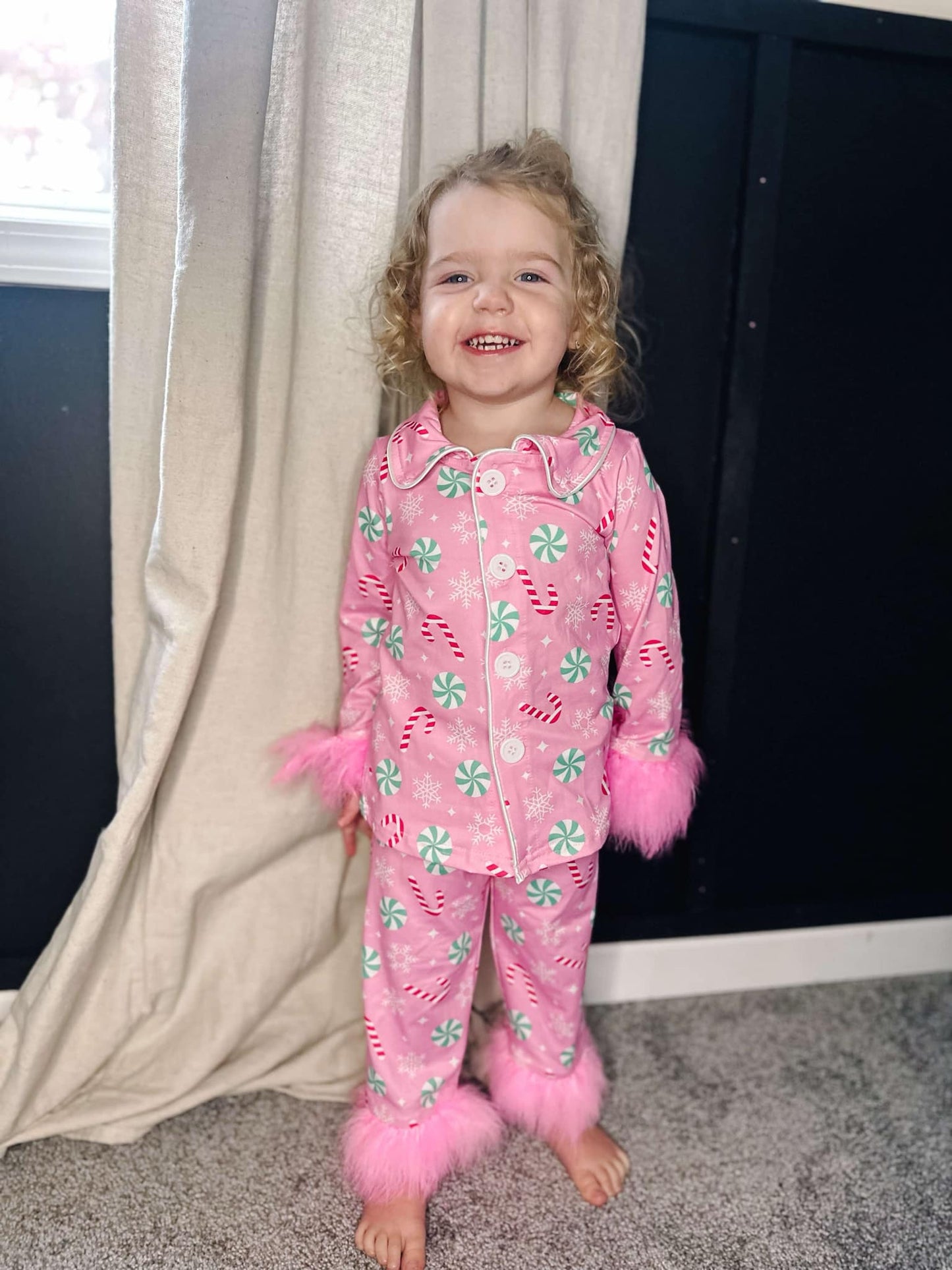 Candy Pink Print Mom and Me Matching Christmas Buttons Fur Pajamas Clothes Set