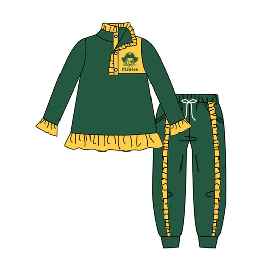 (Custom Design Preorder MOQ 5) Team's Pirates Green Print Pullover Top Pockets Pants Girls Fall Clothes Set