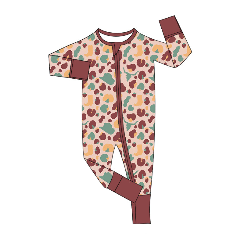 (Custom Design Preorder MOQ 20) Cow Skull Hat Leopard Print Baby Girls Western Bamboo Sleeper Zipper Romper