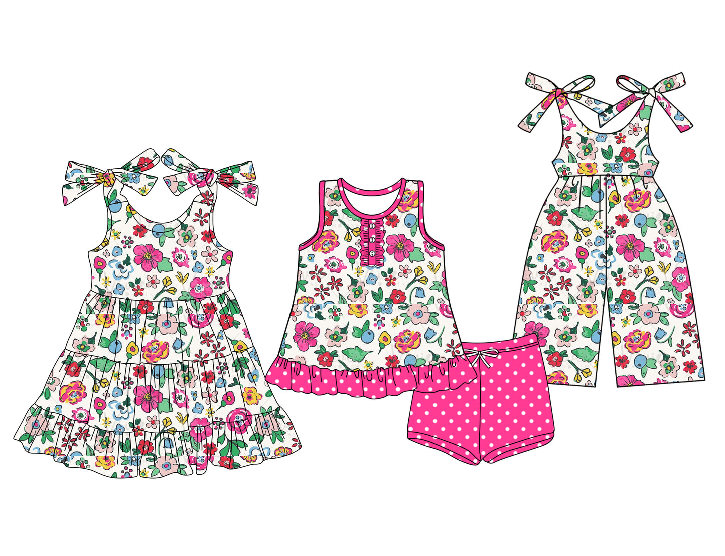 3.31(Custom Design Preorder MOQ 5 Each Design) Colorful Flowers Print Girls Summer Matching Clothes Sisters Wear