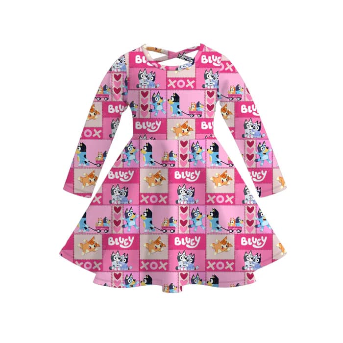 (Custom Design Preorder MOQ 5) Cartoon Dog Heart XOXO Print Girls Valentine's Day Knee Length Dress