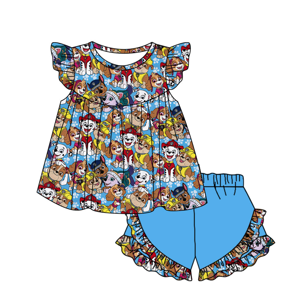 (Custom Design Preorder MOQ 5) Cartoon Dog Paw Top Ruffle Shorts Girls Summer Clothes Set