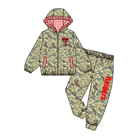 (Custom Design Preorder MOQ 5) Team's RAIDERS Camo Print Hoodie Zipper Top Pockets Pants Girls Fall Clothes Set