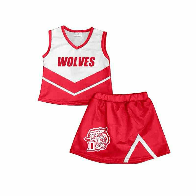 (Custom Design Preorder MOQ 5 ) Team's WOLVES Red Print Skirts Shorts Girls Summer Clothes Set