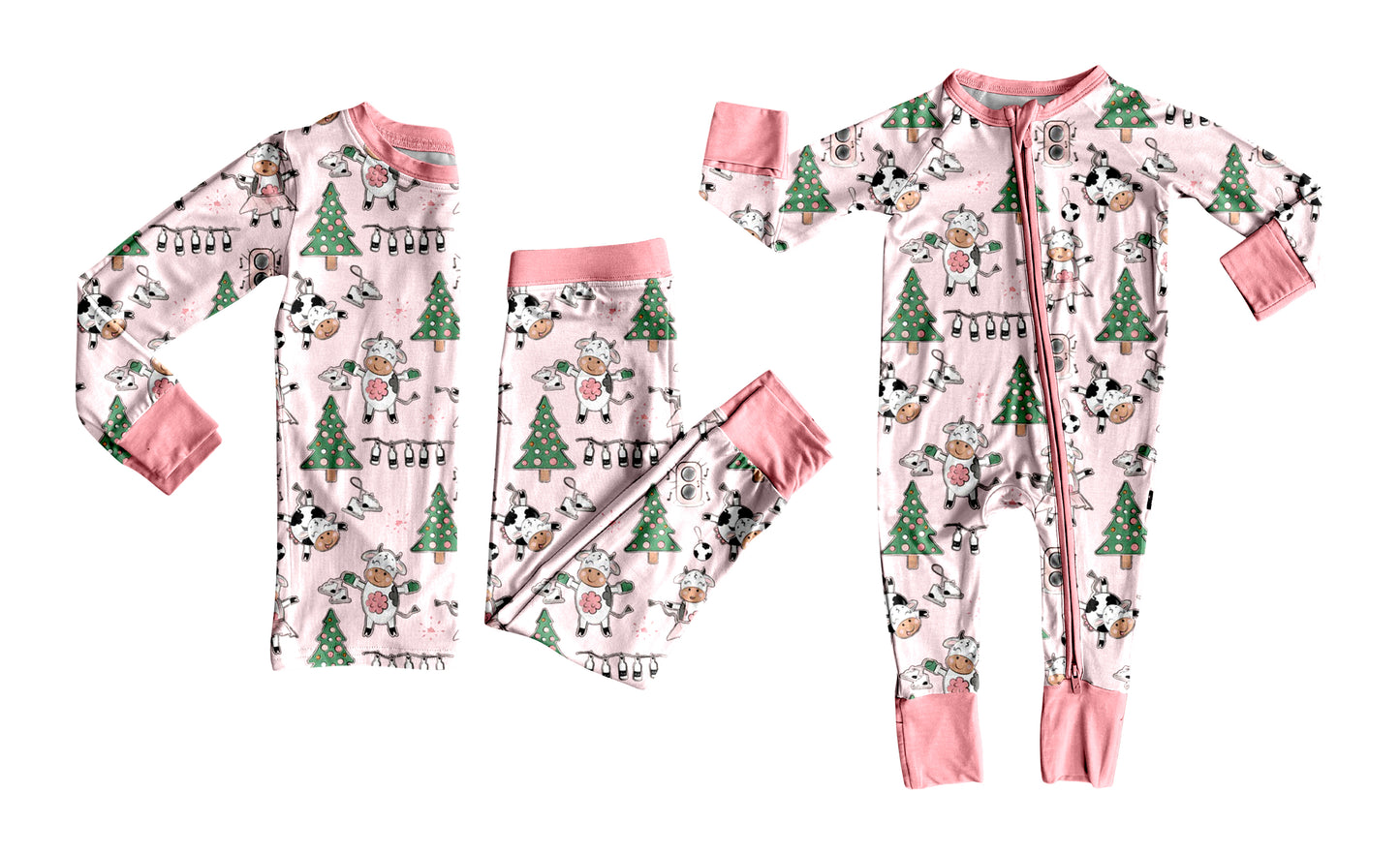 7.1(Custom Design Preorder MOQ 5 Each Design) Cows Tree Pink Print Girls Christmas Matching Clothes Sisters Wear