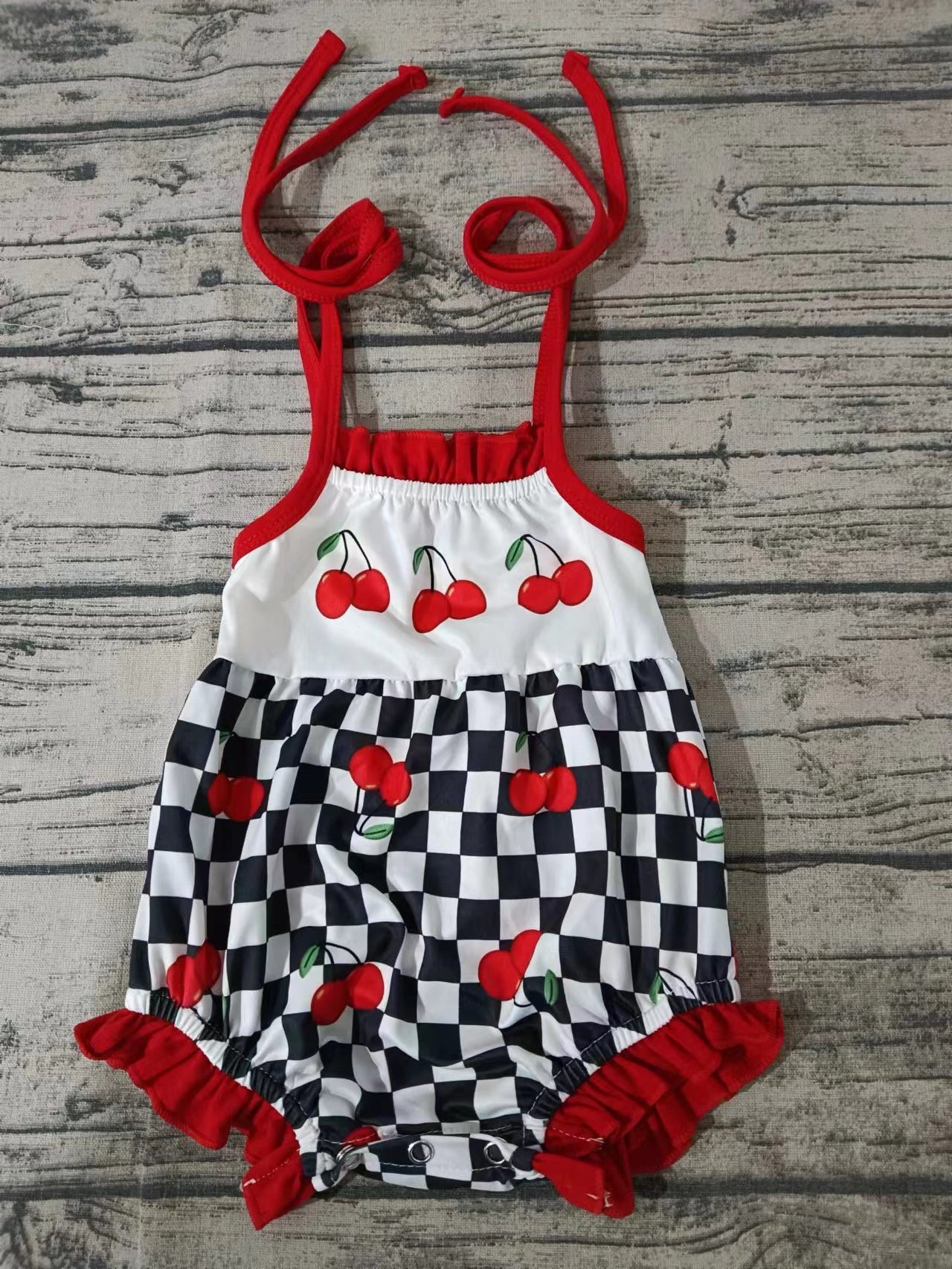 (Custom Design Preorder MOQ 5) Cherry Black Plaid Print Baby Girls Summer Romper