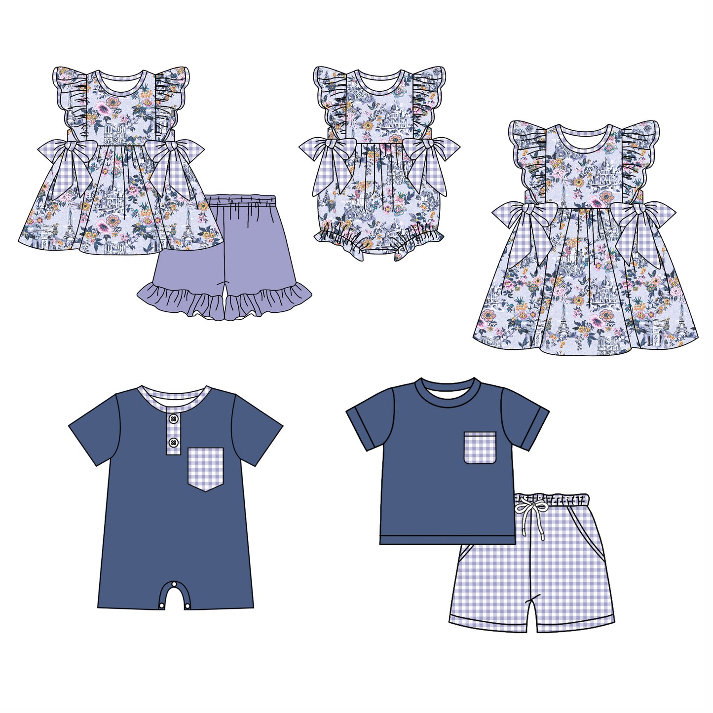 12.5 (Custom Design Preorder MOQ 5 Each Design) Flowers Navy Print Kids Summer Matching Clothes Sibling Wear