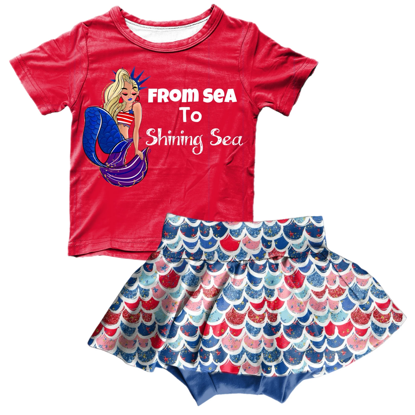 (Custom Design Preorder MOQ 5) Mermaid Print Girls 4th of July Clothes Set