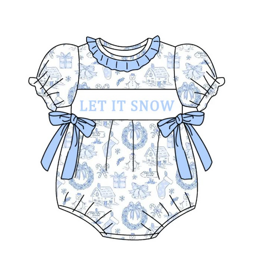 (Custom Design Preorder MOQ 5) Let It Snow Blue Print Baby Girls Bubble Romper
