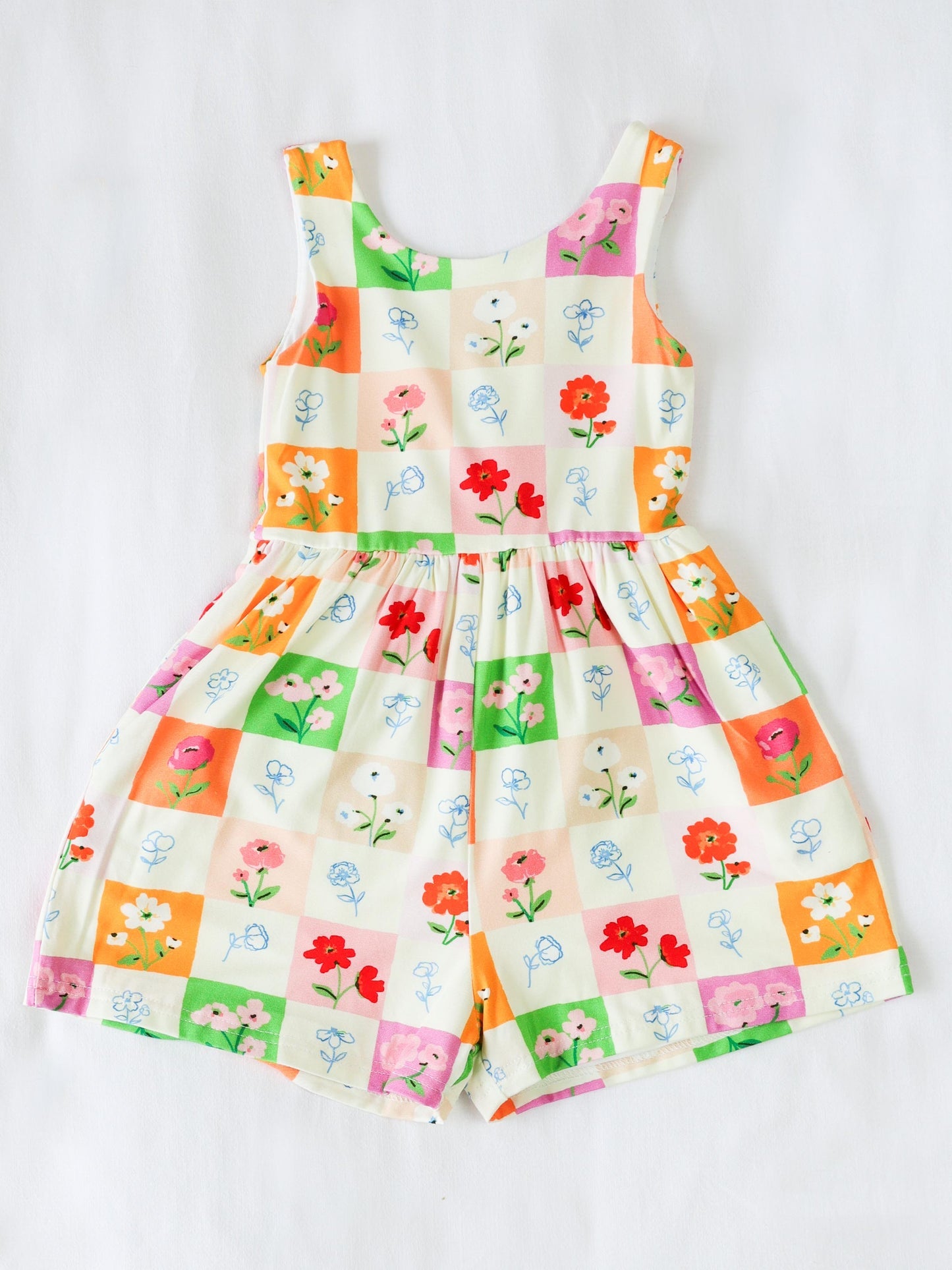 (Custom Design Preorder MOQ 5) Colorful Flowers Plaid Print Girls Summer Jumpsuits