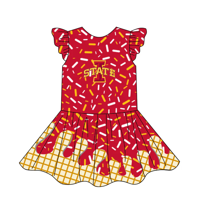 (Custom Design Preorder MOQ 5) Team's STATE Red Sprinkles Print Girls Summer Knee Length Dress