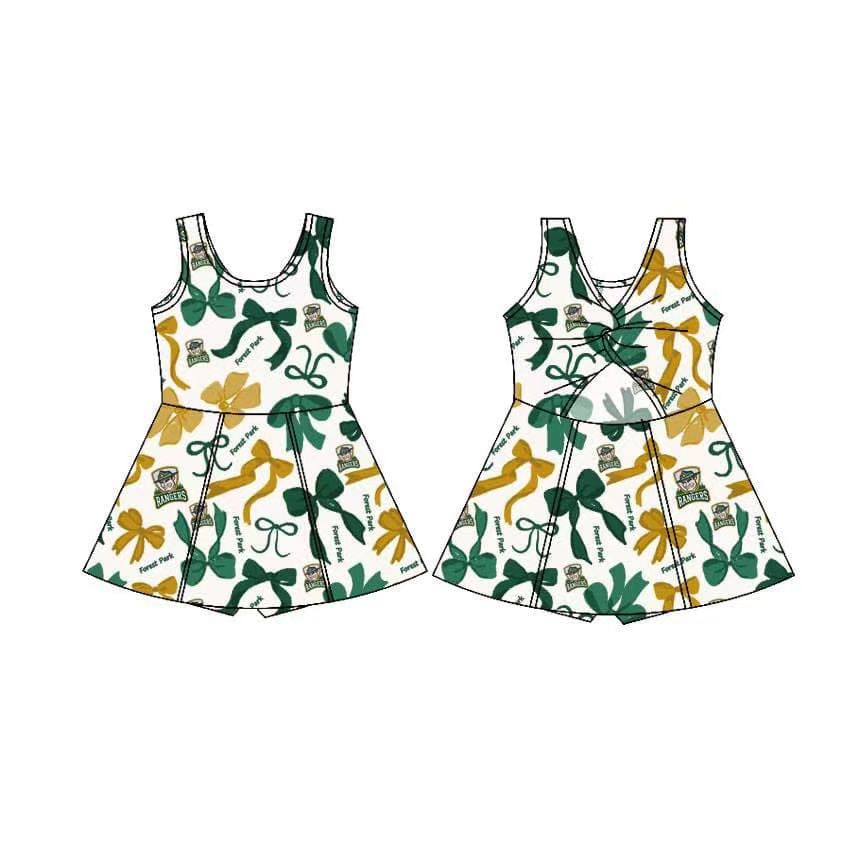 (Custom Design Preorder MOQ 5) Team's Forest ParkYellow Green Bows Print Shorts Skirts Girls Summer Yoga Dress