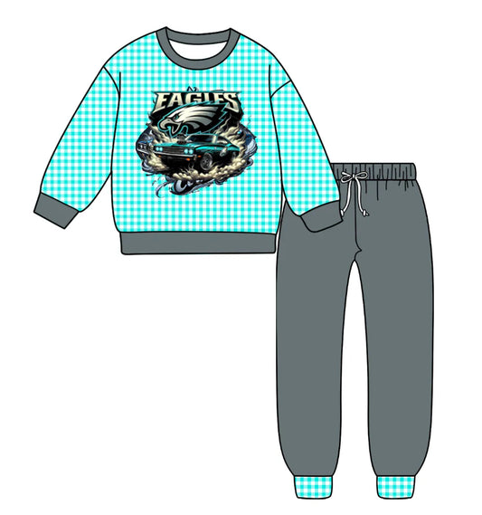 (Custom Design Preorder MOQ 5) Team's Eagles Plaid Print Grey Pants Kids Fall Clothes Set
