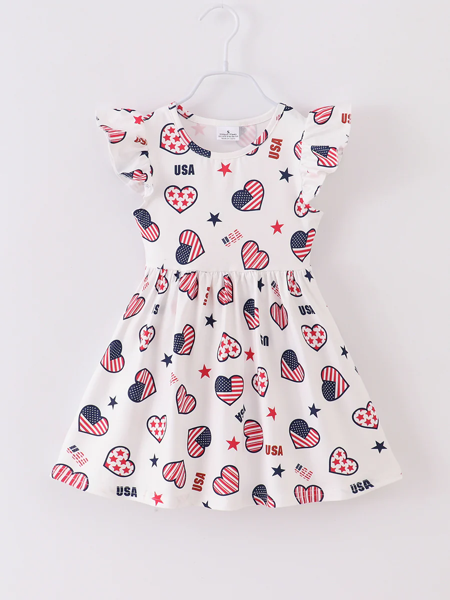 (Custom Design Preorder MOQ 5) Flag Heart USA Print Girls Knee Length 4th of July Dress