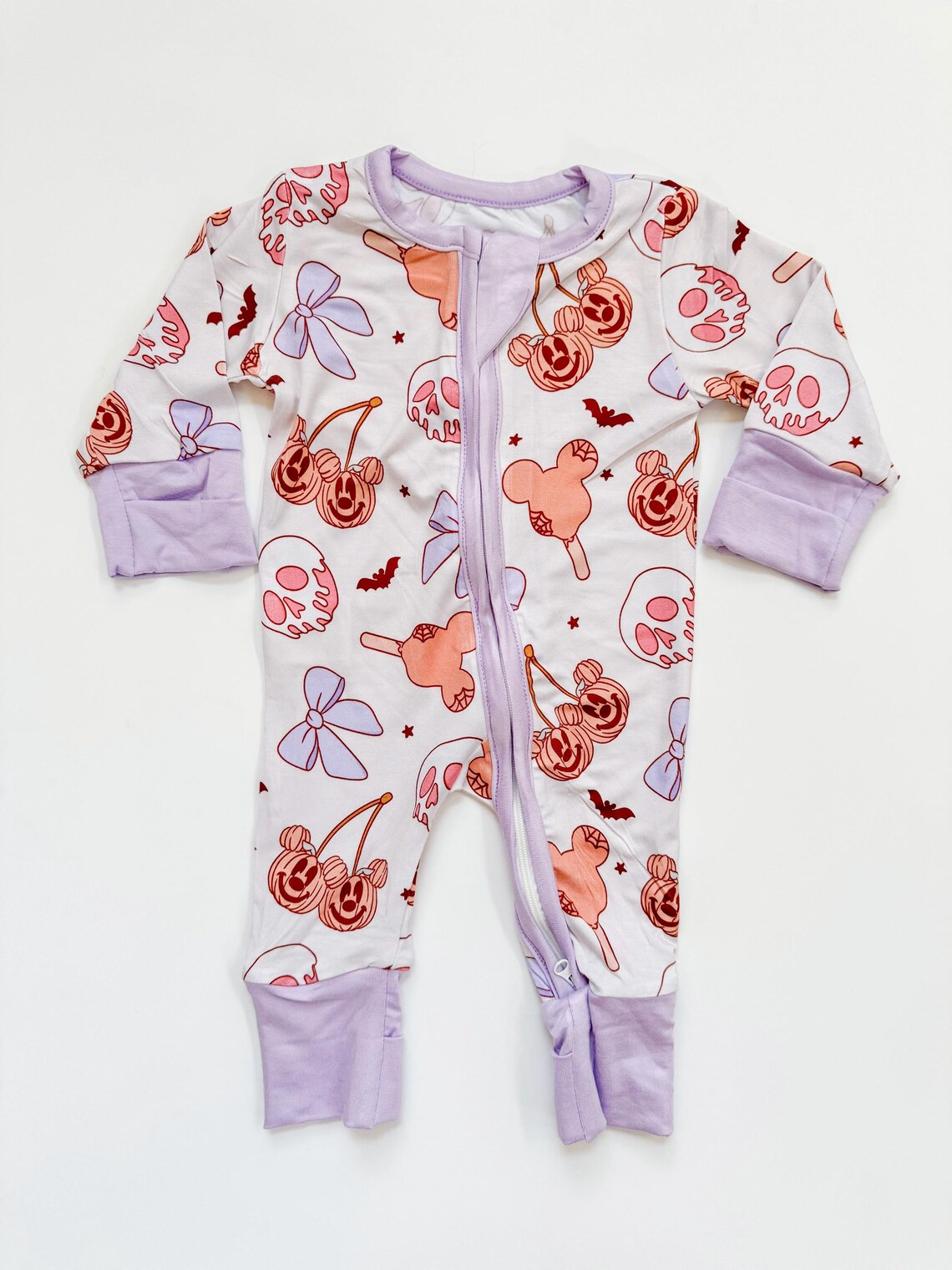 (Custom Design Preorder MOQ 20) Cartoon Mouse Pumpkin Bows Print Baby Girls Halloween Bamboo Sleeper Zipper Romper