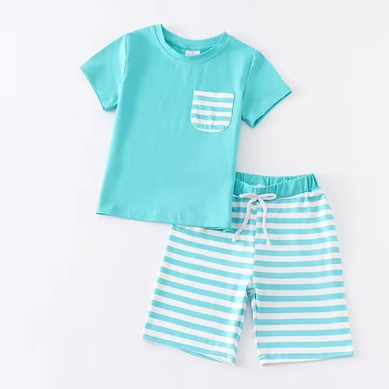 (Custom Design Preorder MOQ 5) Blue Pocket Top Stripes Shorts Boys Summer Clothes Set