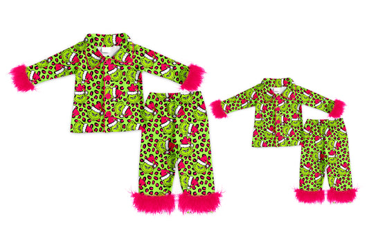 8.1(Custom Design Preorder MOQ 5 Each Design) Green Frog Leopard Print Christmas Buttons Fur Pajamas Sets Mom and Me Matching Clothes