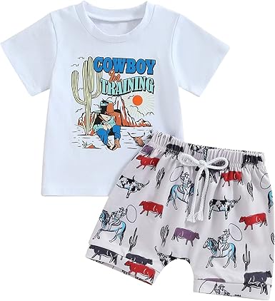 (Custom Design Preorder MOQ 5) COWBOY Top Cows Shorts Boys Summer Western Clothes Set