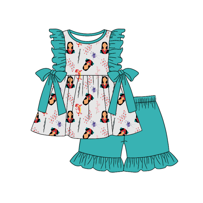 (Custom Design Preorder MOQ 5) Mulan Tunic Top Green Shorts Girls Summer Clothes Set