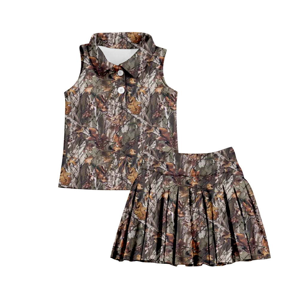 (Custom Design Preorder MOQ 5) Branch Camo Print Shorts Skirts Girls Summer Yoga Clothes Set