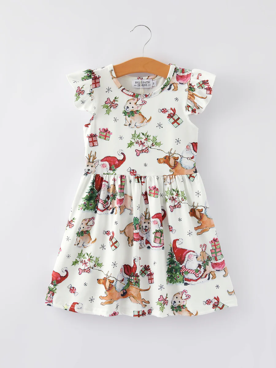 (Custom Design Preorder MOQ 5) Dog Holly Print Girls Christmas Knee Length Dress
