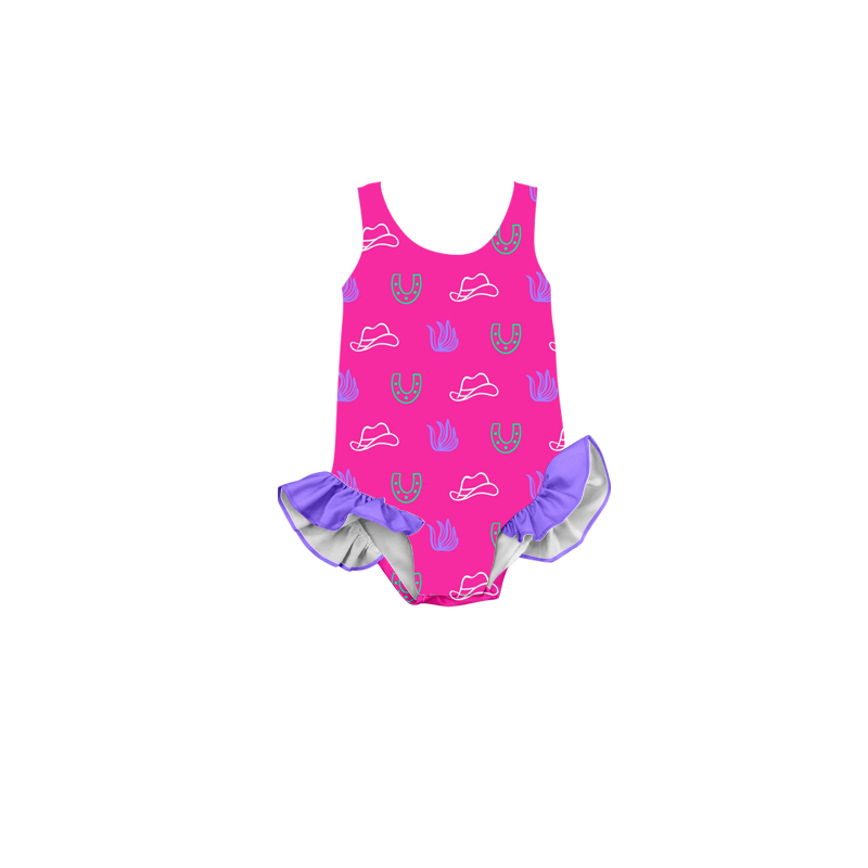 (Custom Design Preorder MOQ 5) Hat Print Girls 1 Piece Western Swimsuits