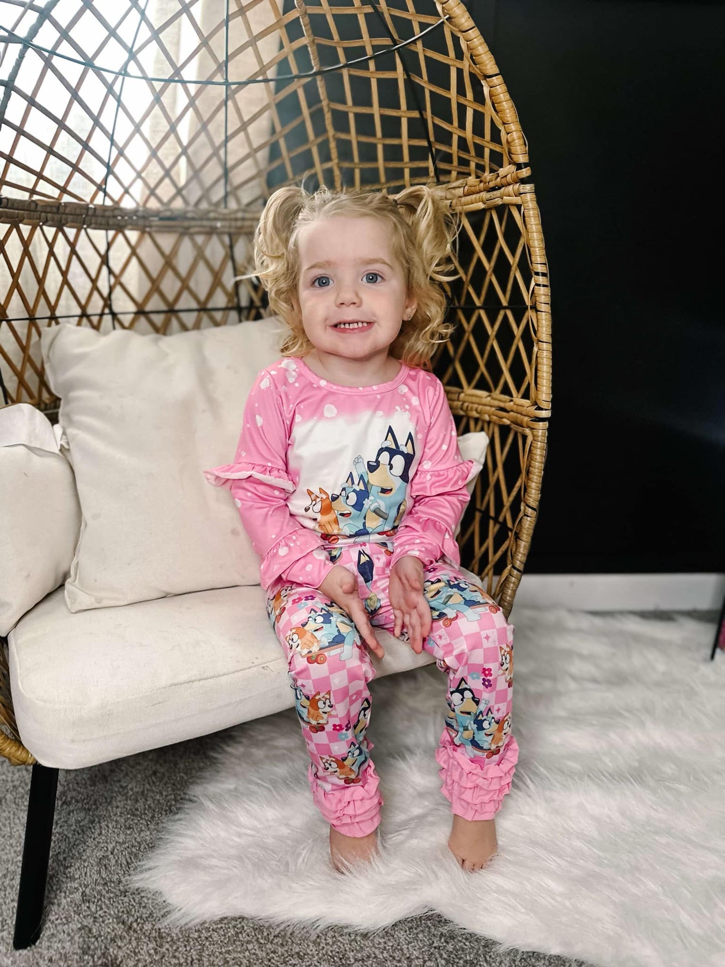 GLP2088 Cartoon Dog Pink Ruffle Top Icing Pants Girls Clothes Set