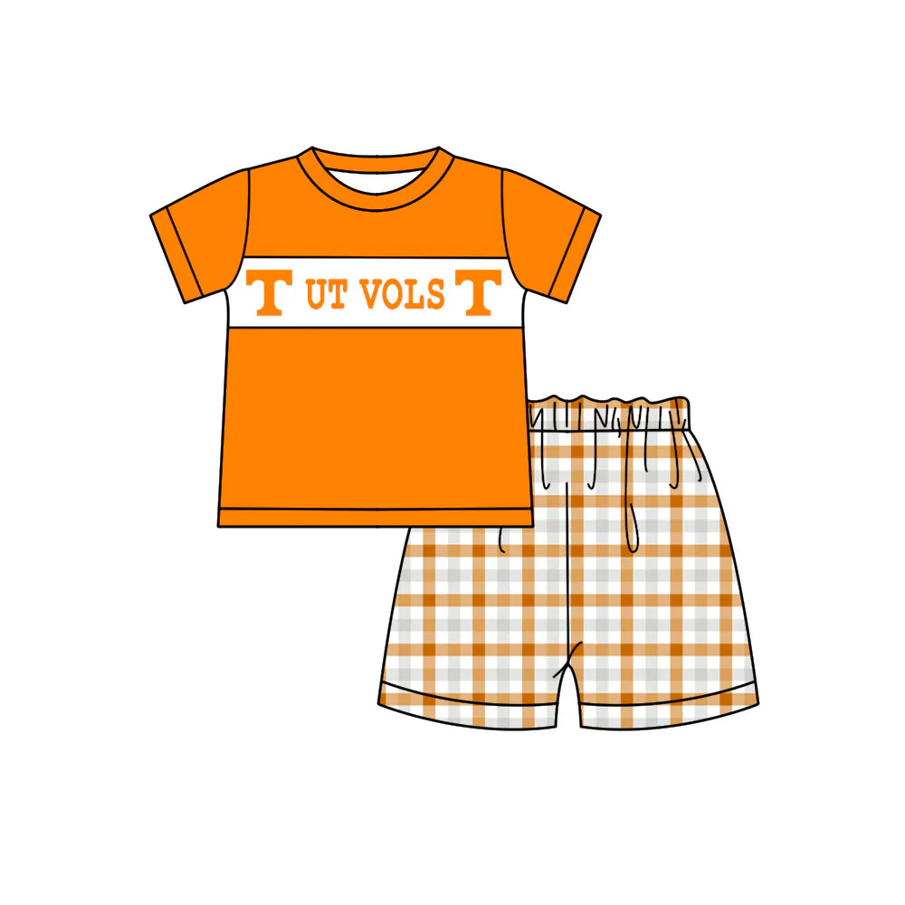 (Custom Design Preorder MOQ 5) Team's Tennessee VOLS Top Plaid Shorts Boys Summer Clothes Set