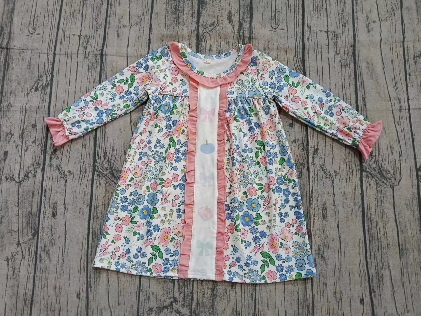 (Custom Design Preorder MOQ 5) Pumpkin Flowers Print Girls Fall Knee Length Dress