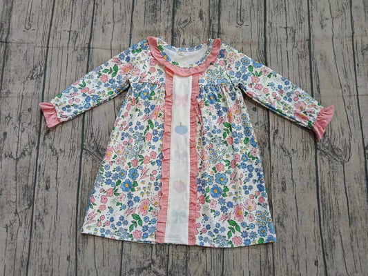(Custom Design Preorder MOQ 5) Pumpkin Flowers Print Girls Fall Knee Length Dress