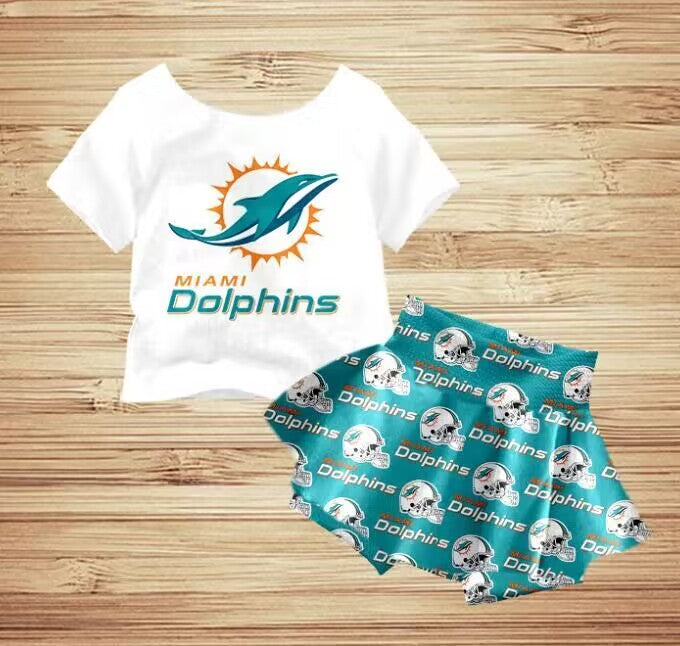 (Custom Design Preorder MOQ 5) Team's Blue Miami Print Skirts With Shorts Girls Clothes Set