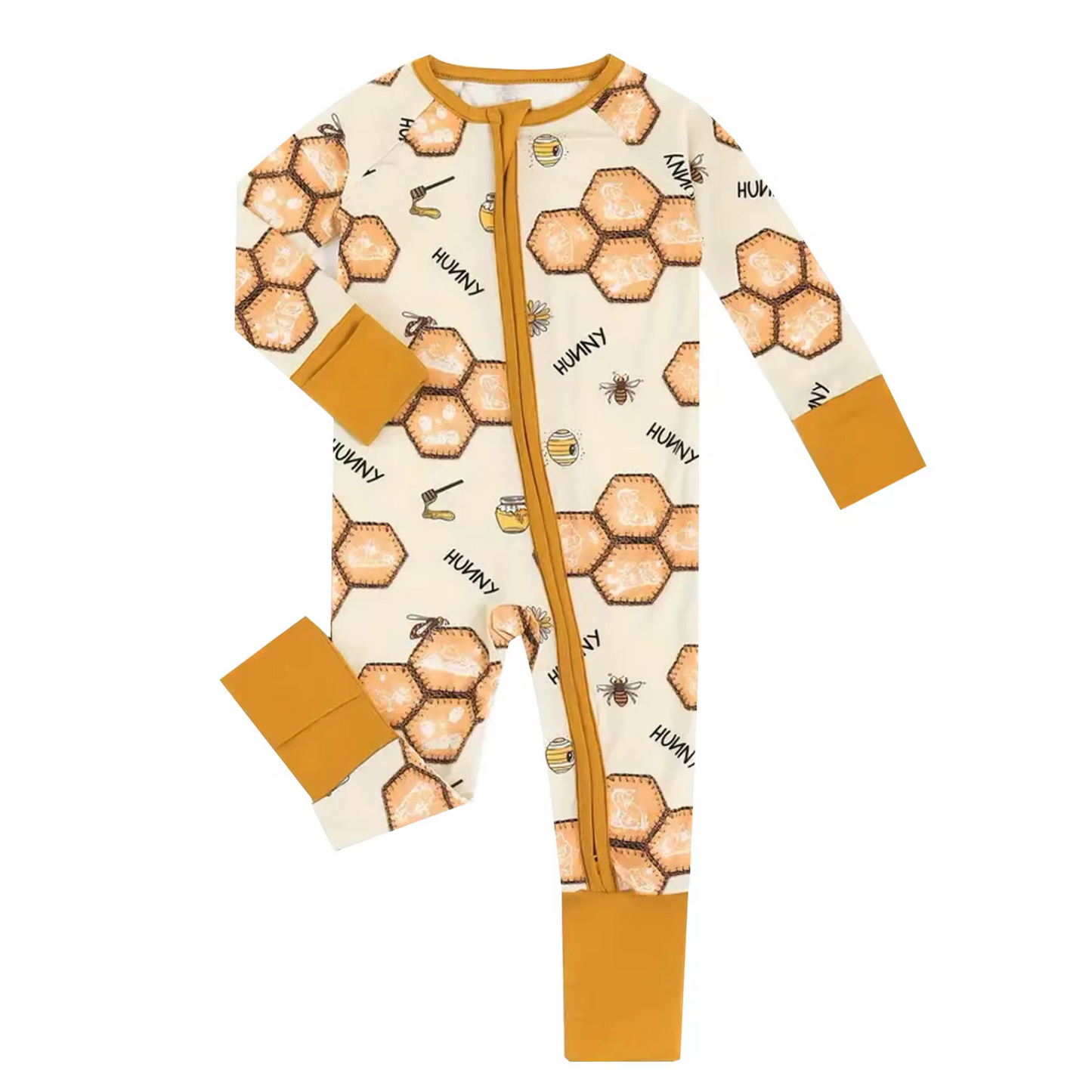 (Custom Design Preorder MOQ 5) Bee Print Baby Girls Fall Sleeper Zipper Romper