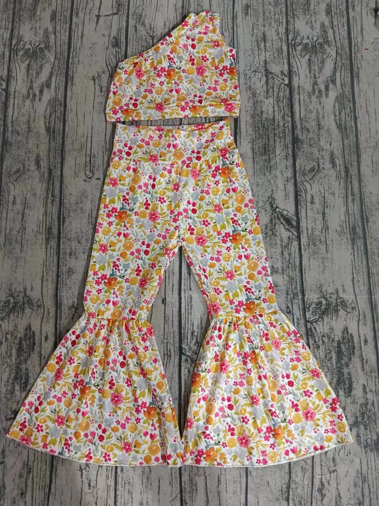 (Custom Design Preorder MOQ 5) Flowers Print Crop One Shoulder Top Red Bell Pants Girls Summer Clothes Set