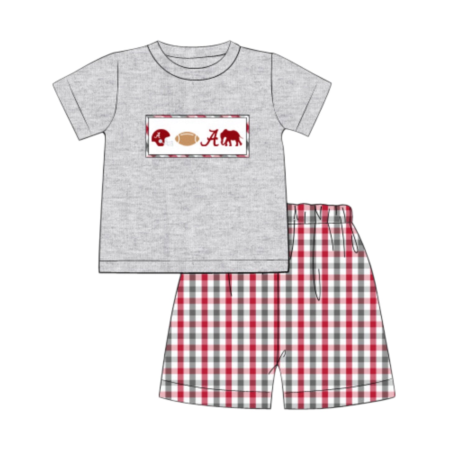 (Custom Design Preorder MOQ 5) Alabama Football Team's Grey Top Plaid Shorts Boys Summer Clothes Set
