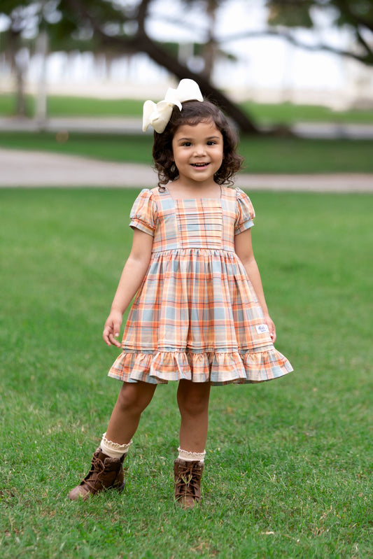 (Custom Design Preorder MOQ 5 ) Orange Plaid Print Girls Fall Knee Length Dress