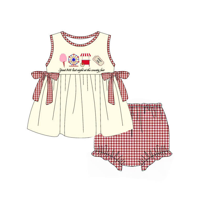 (Custom Design Preorder MOQ 5) County Fair Tunic Top Plaid Shorts Baby Girls Summer Bummie Set