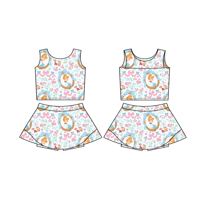 (Custom Design Preorder MOQ 5 Each Item )5-8 Styles Cartoon Princess Print Shorts Skirts Girls Summer Yoga Clothes Set