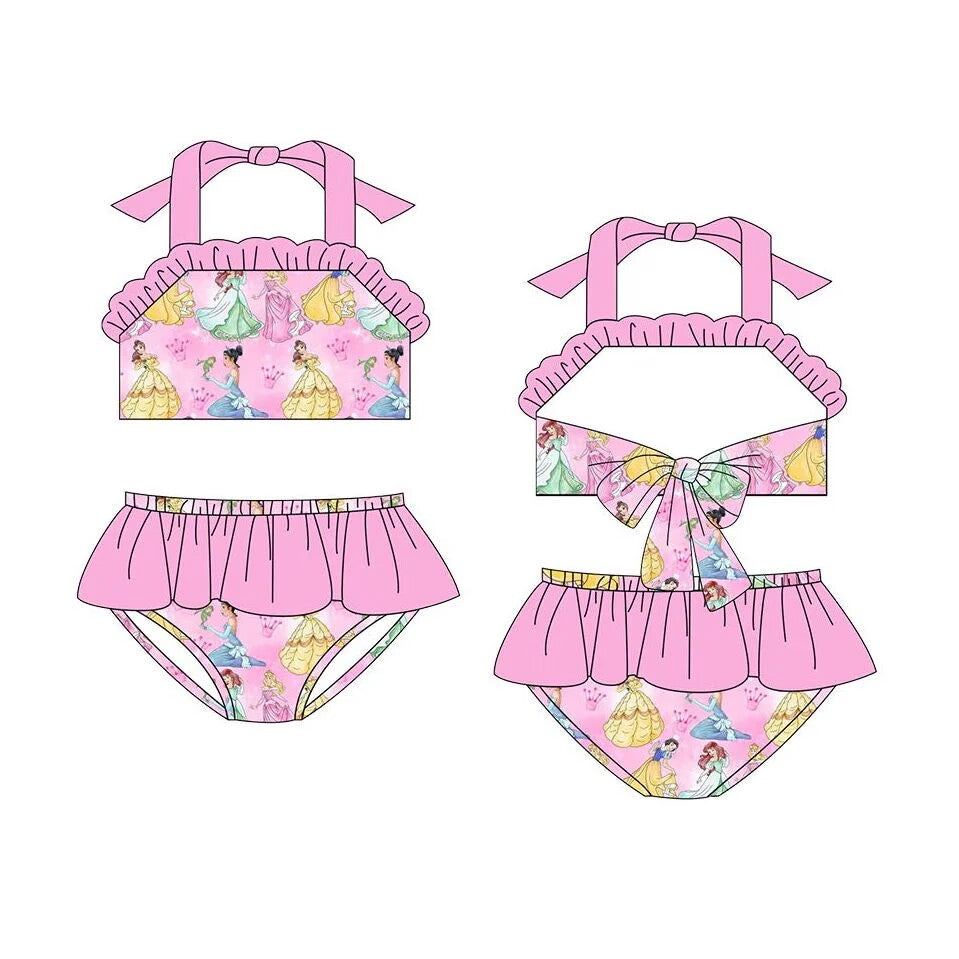 (Custom Design Preorder MOQ 5) Cartoon Princess Print Girls 2 Piece Swimsuits