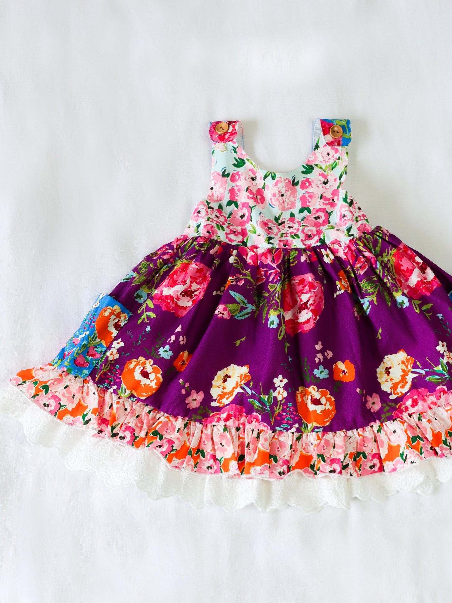 (Custom Design Preorder MOQ 5) Purple Flowers Print Girls Summer Knee Length Dress