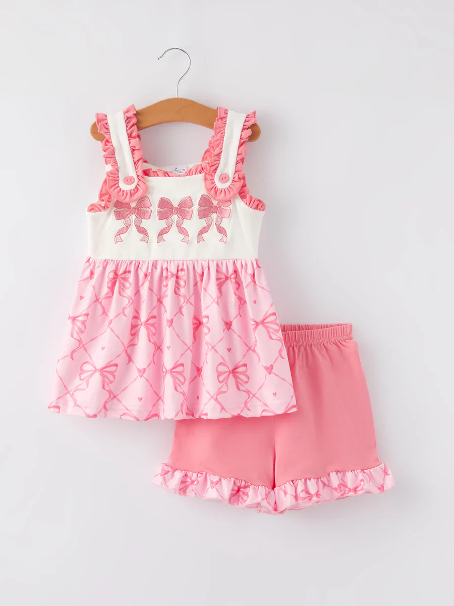 (Custom Design Preorder MOQ 5) Pink Bows Tunic Top Ruffle Shorts Girls Summer Clothes Set