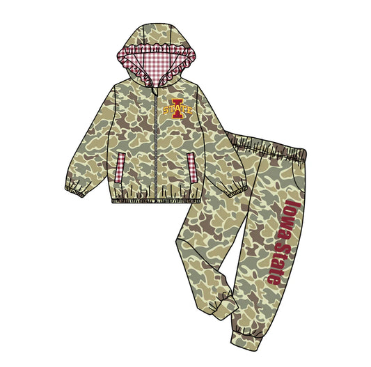 (Custom Design Preorder MOQ 5) Team's IOWA STATE Camo Print Hoodie Zipper Top Pockets Pants Girls Fall Clothes Set
