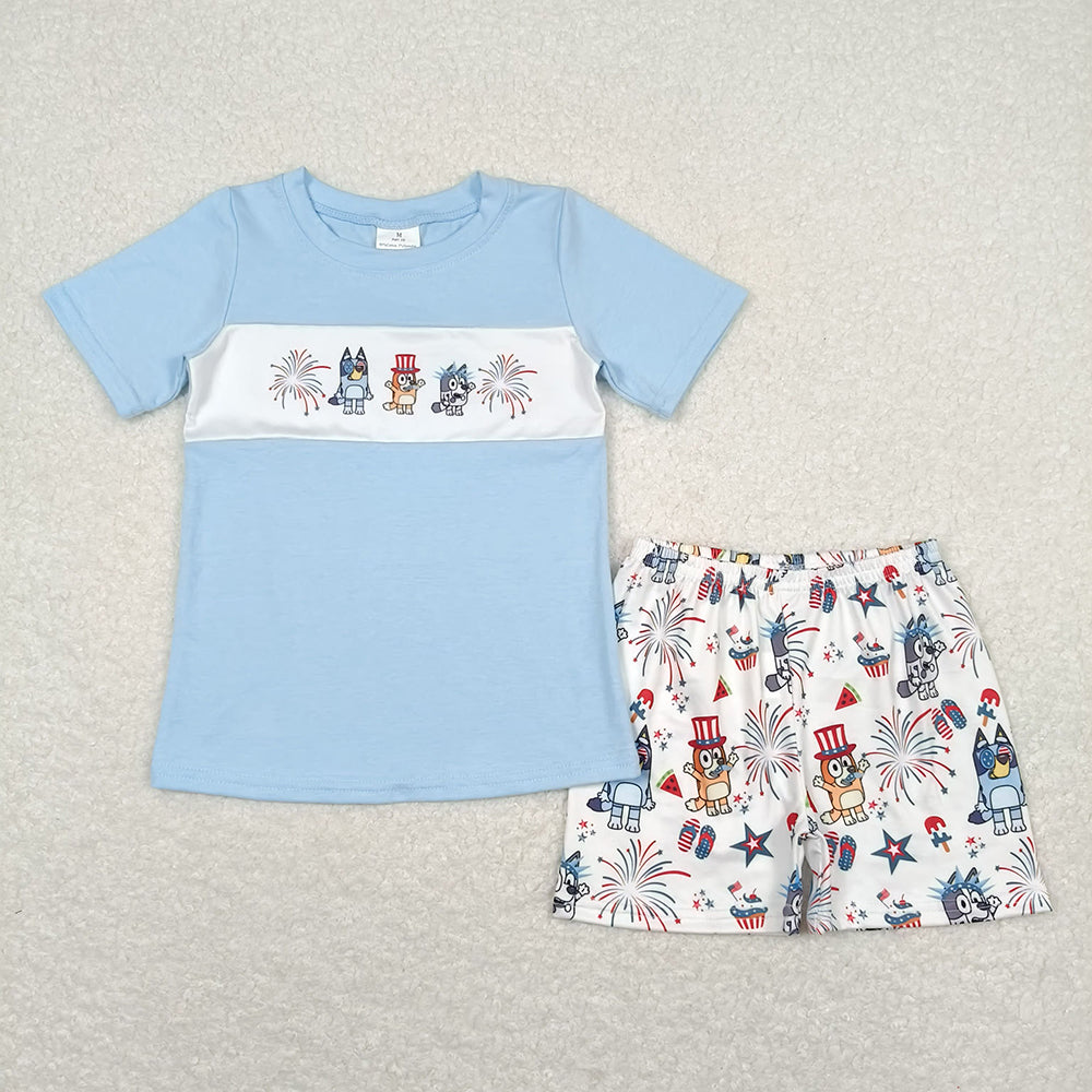 Cartoon Dog Fireworks Print Sibling 4th of July Matching Clothes