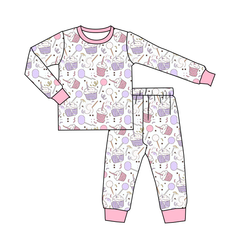 (Custom Design Preorder MOQ 5) Cake Lollipop Print Girls Birthday Pajamas Clothes Set