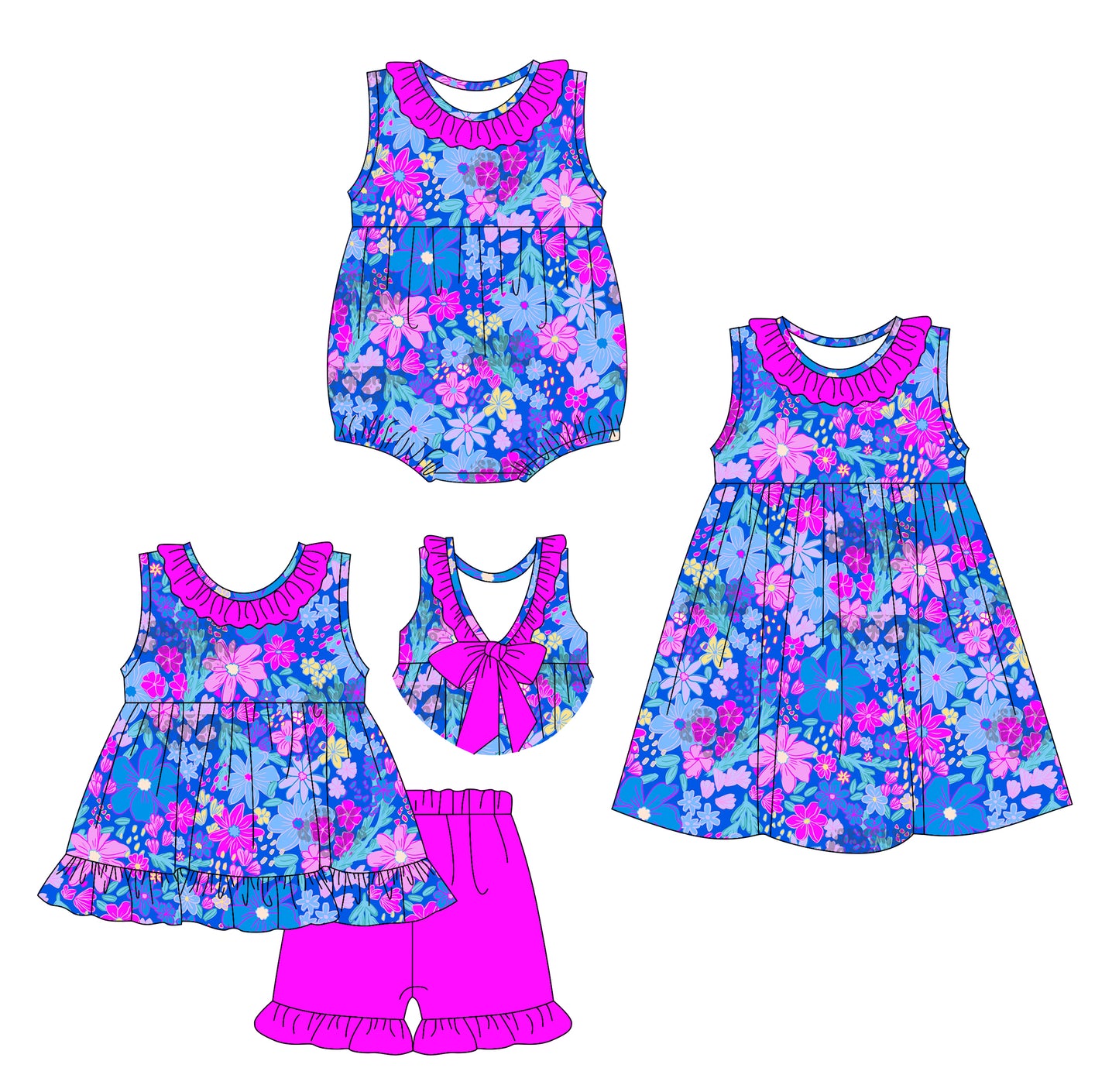 3.31(Custom Design Preorder MOQ 5 Each Design) Blue Pink Flowers Print Girls Summer Matching Clothes Sisters Wear