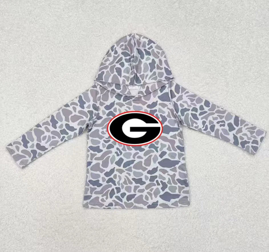 (Custom Design Preorder MOQ 5) Team Georgia Grey Camo Print Kids Long Sleeve Hoodie Top
