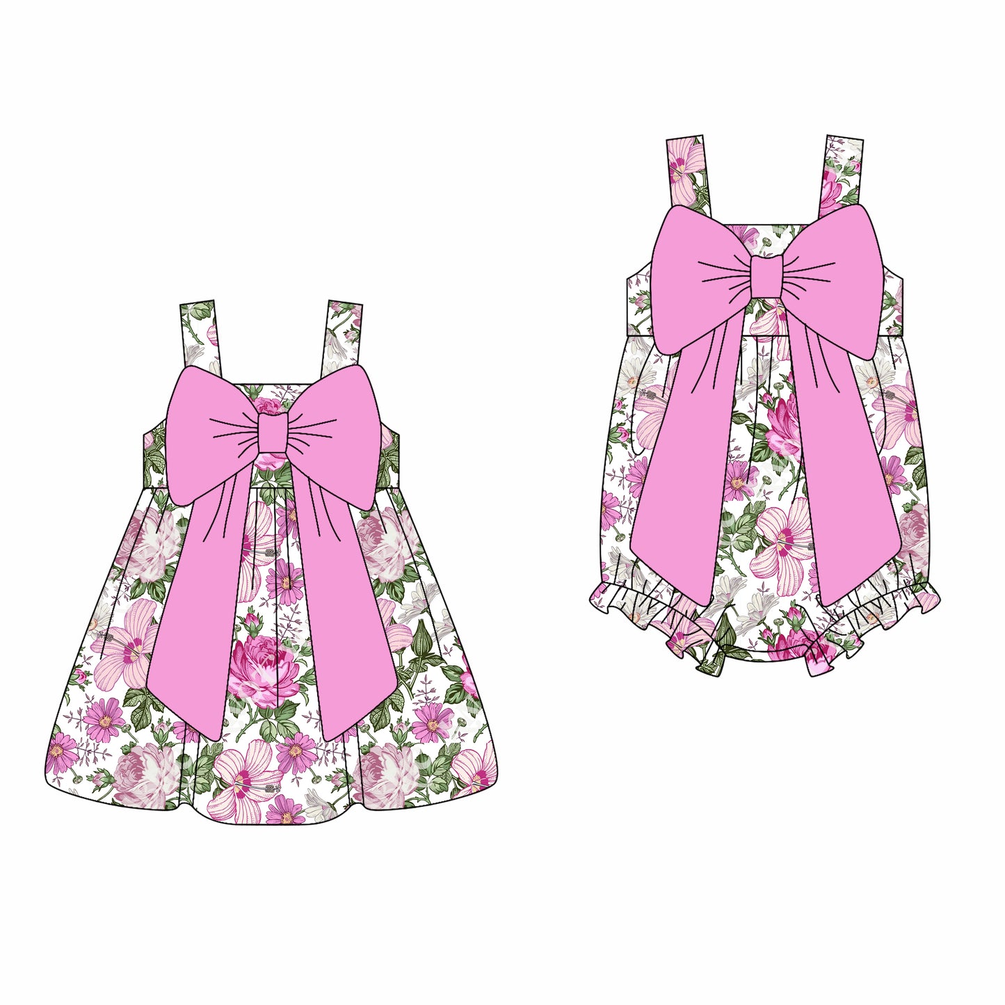 2.22(Custom Design Preorder MOQ 5 Each Design) Hot Pink Flowers Print Girls Summer Matching Clothes Sisters Wear