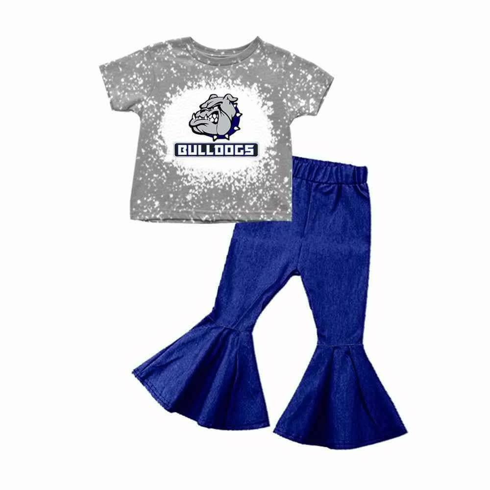 (Custom Design Preorder MOQ 5) Team's Bulldogs Grey Top Blue Bell Pants Girls Clothes Set