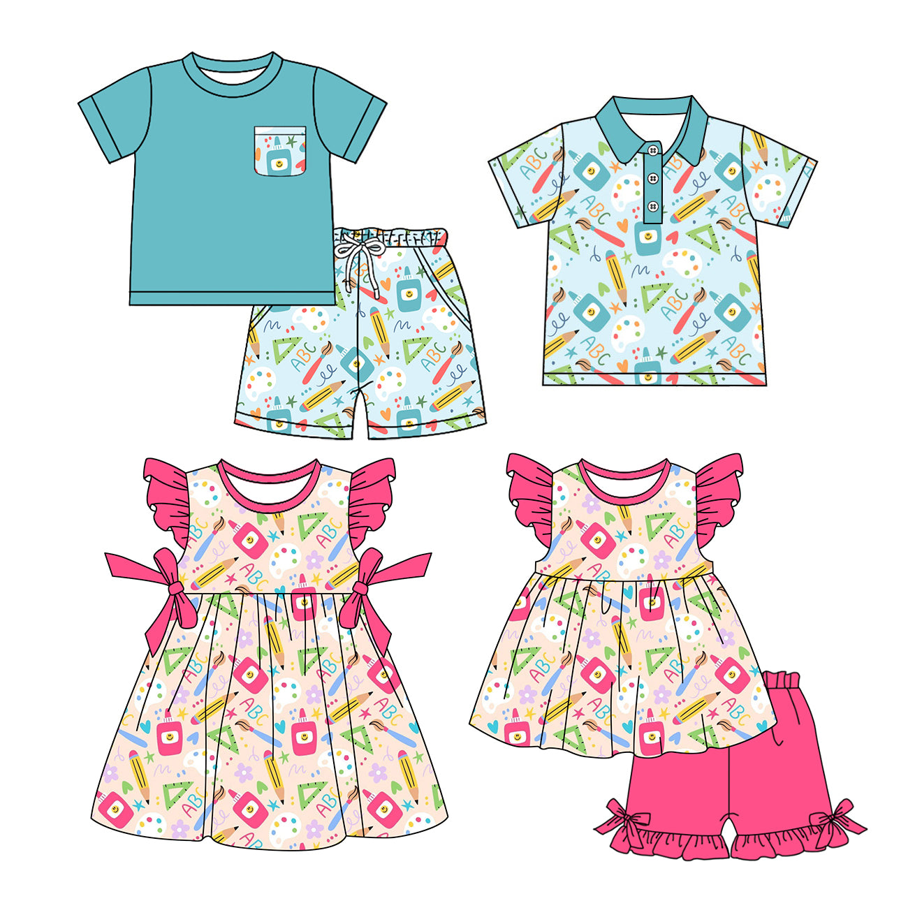 12.23 (Custom Design Preorder MOQ 5 Each Design) Pen Rule ABC Print Kids Back to School Matching Clothes Sibling Wear
