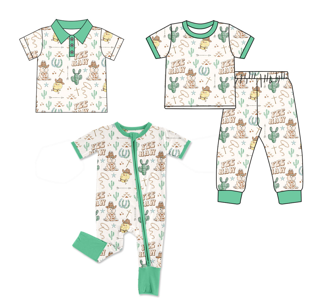 12.22 (Custom Design Preorder MOQ 5 Each Design) Bunny Cowboy Cactus Print Boys Easter Western Matching Clothes Brothers Wear